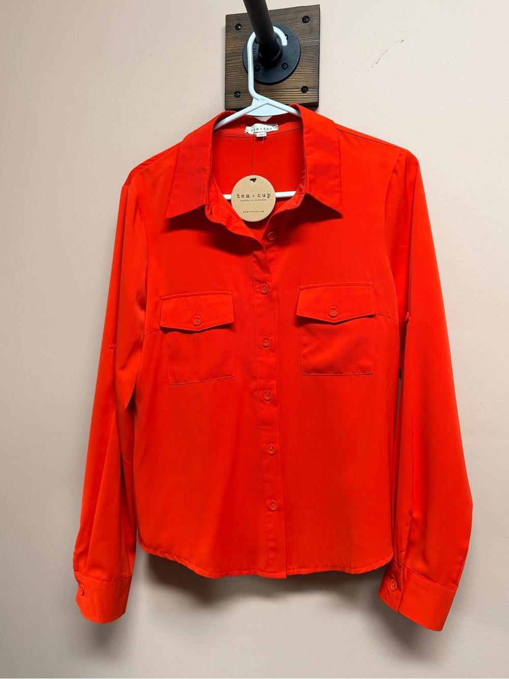 Tea Cup Women's Red Button-Up Pocket Shirt